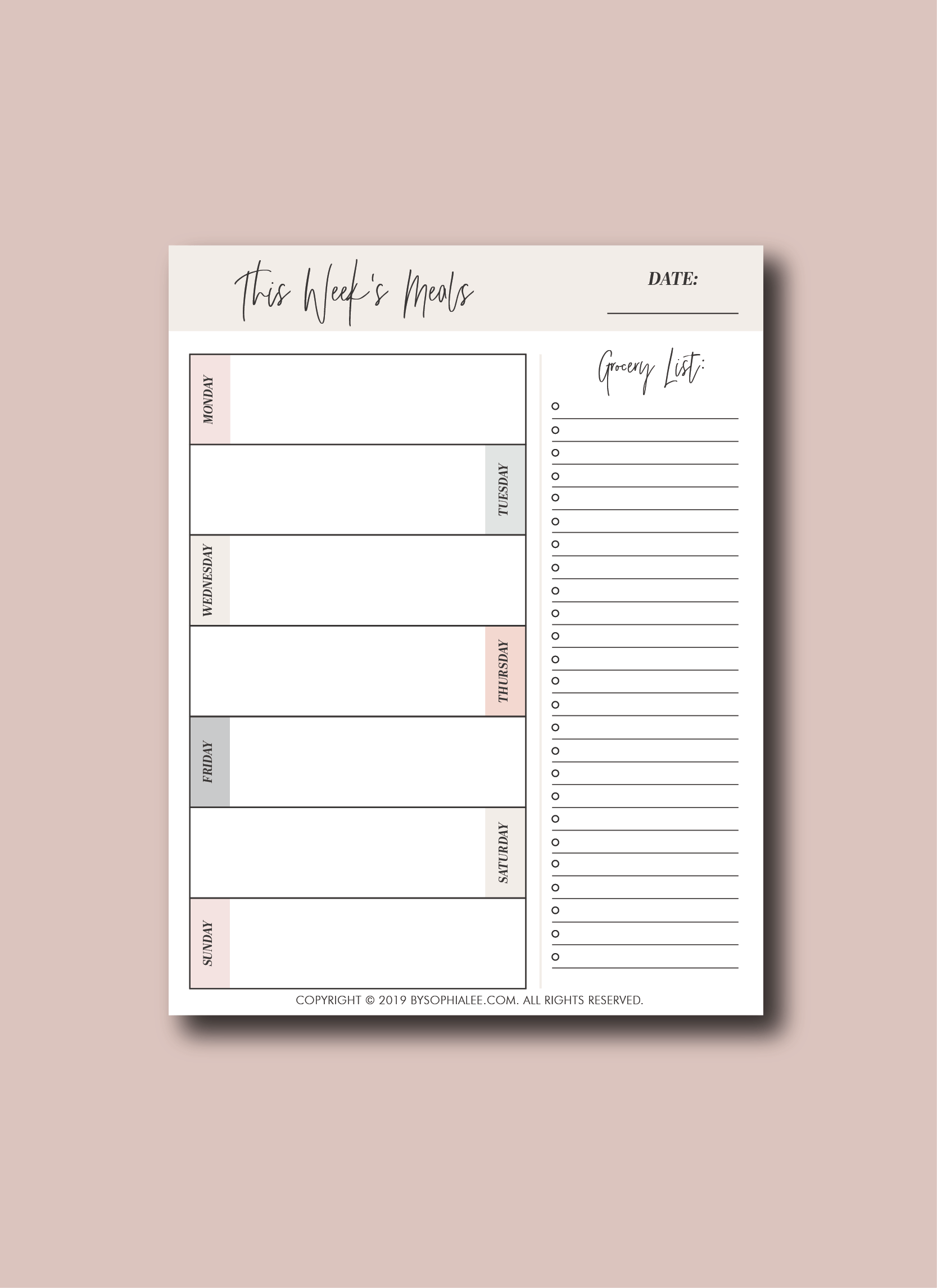 MEAL PLANNING PRINTABLE - By Sophia Lee