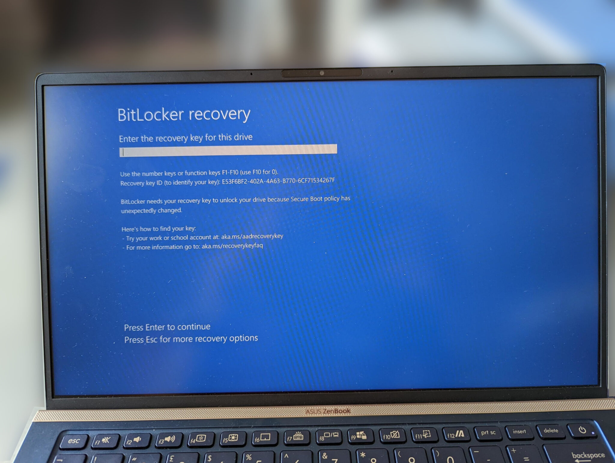 BitLocker needs your recovery key to unlock your drive because Secure