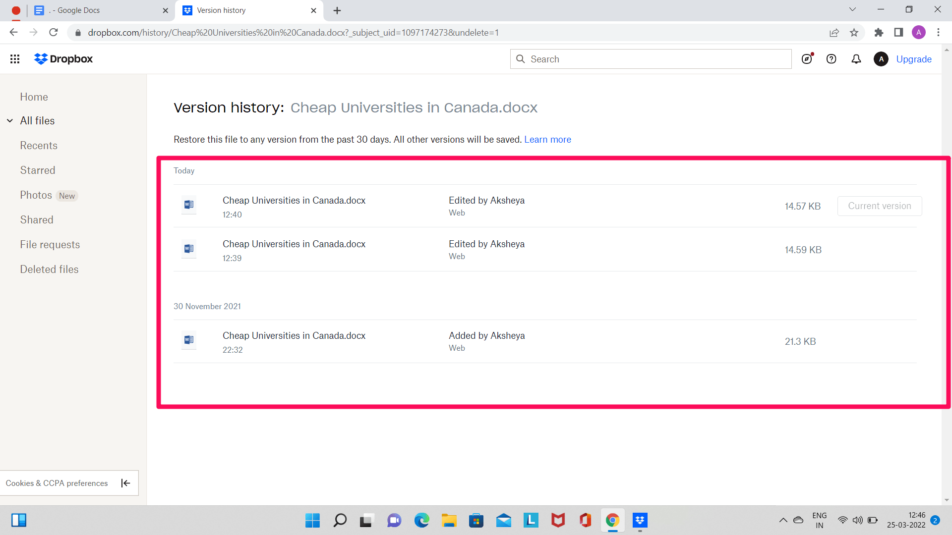 How to Restore Previous Version of a File in Dropbox?