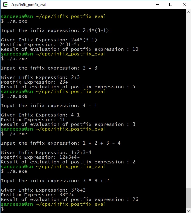 Infix to Postfix and postfix evaluation program in C