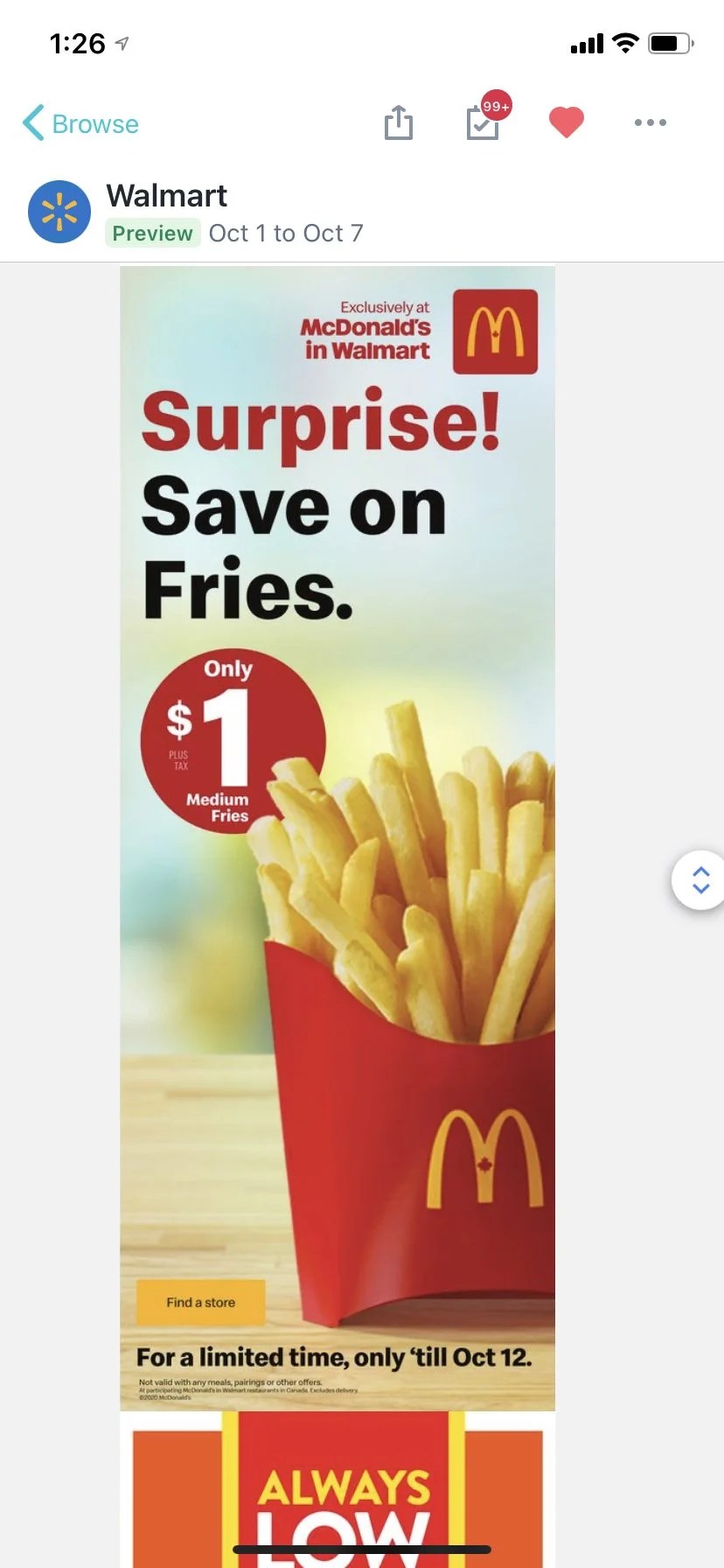 [McDonalds] 1 medium fries at McDonald's (Walmart