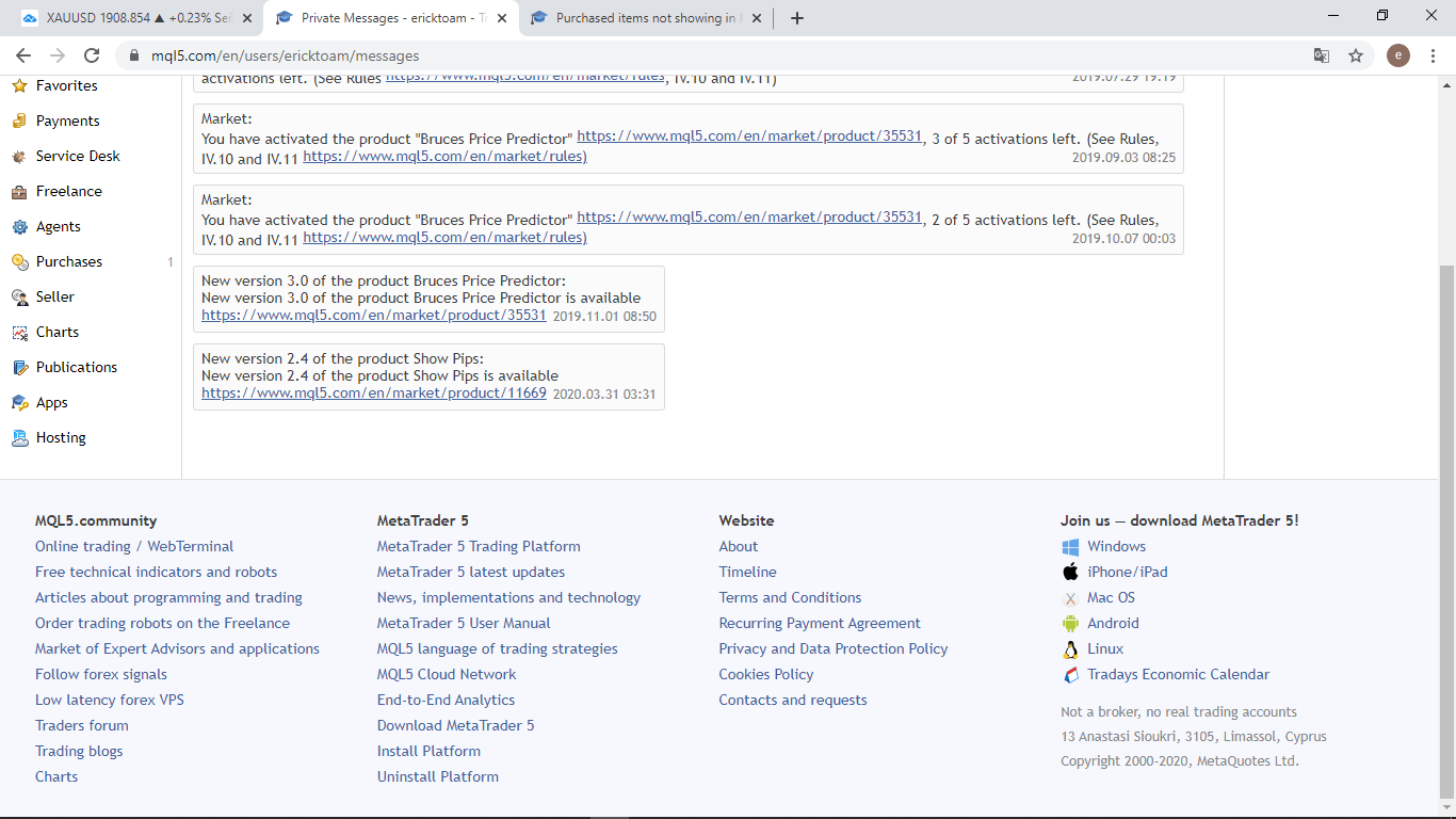 Purchased items not showing in MT4 "Purchased" tab MT4 General