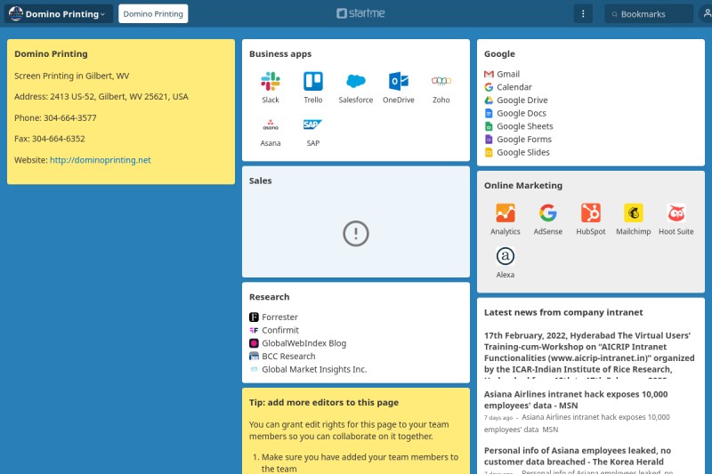 Domino Printing start.me