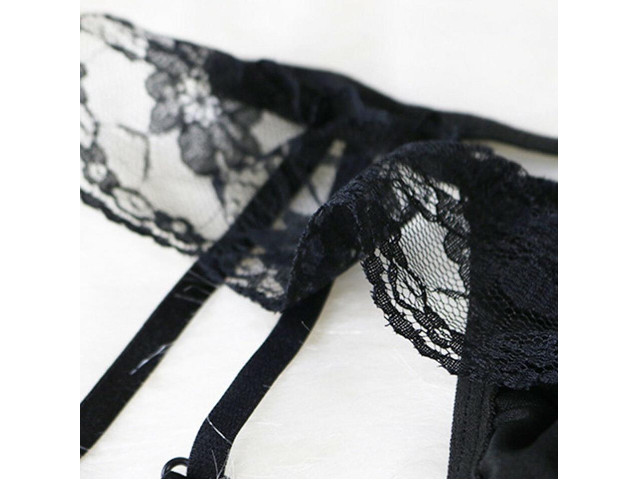Solid Color Women Floral Lace Trim GString Thongs Underwear with Garter Flowery