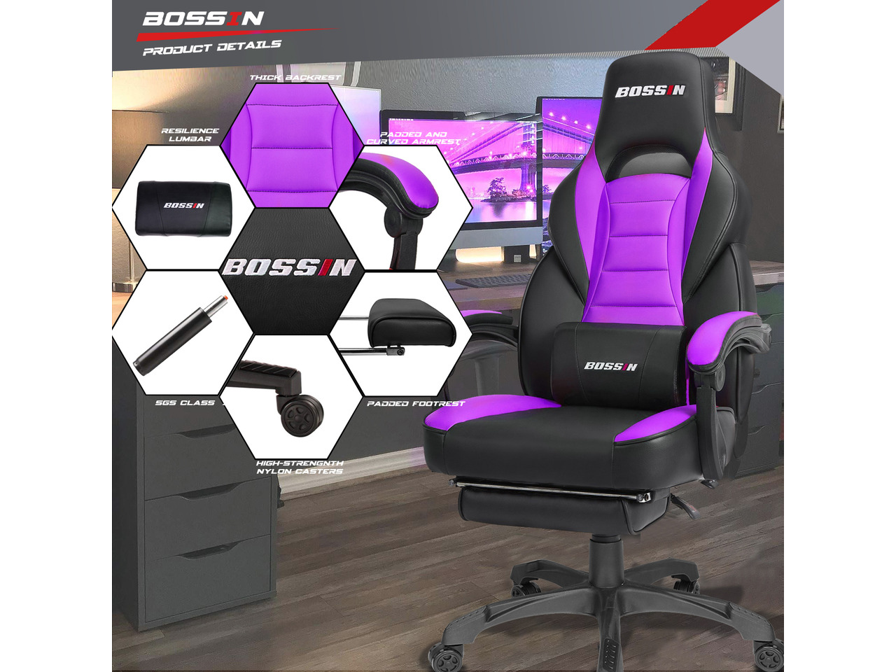 BOSSIN Racing Style Gaming Chair Computer Desk Chair with