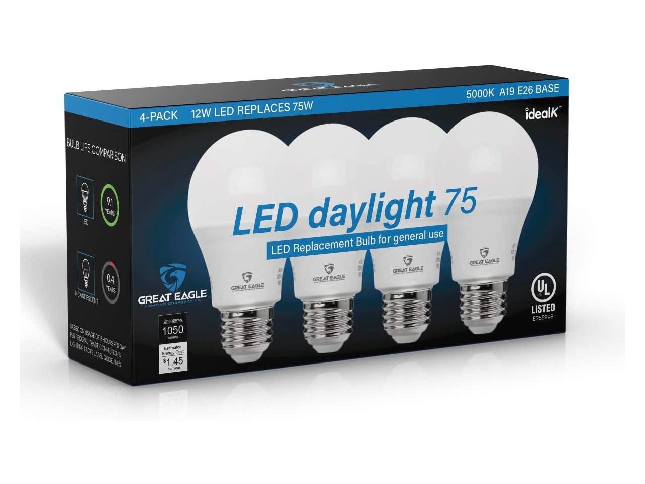 Great Eagle A19 LED Light Bulb 12W (75W Equivalent) UL Listed 5000K