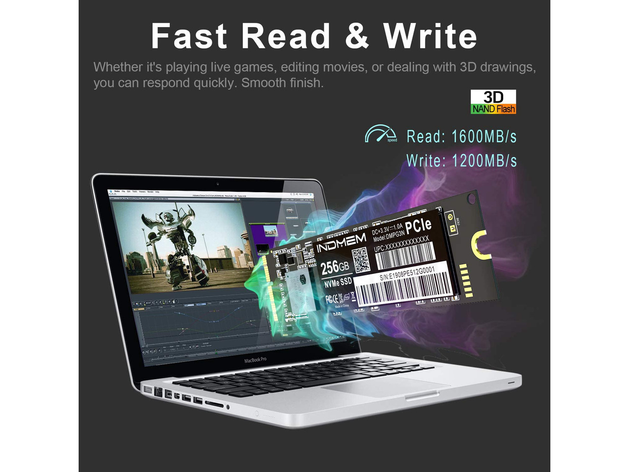 INDMEM NVMe PCIe SSD 256GB 3D TLC NAND Flash Hard Drive Replacement for Mid 20132017 MacBook