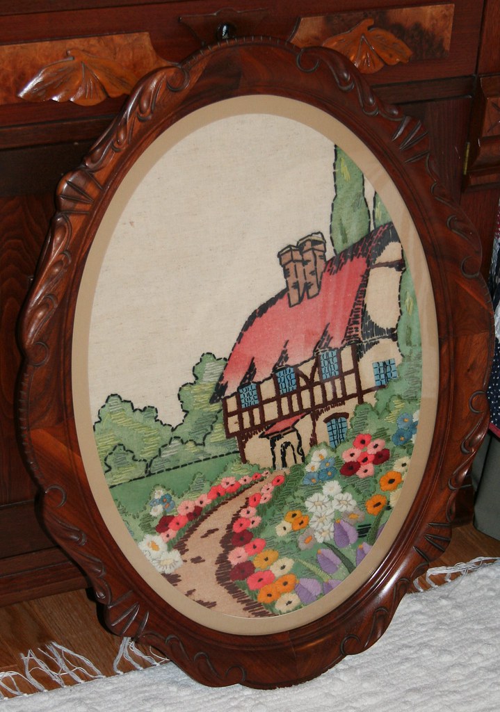 Needlework with oval walnut frame Vintage carved walnut fr… Flickr