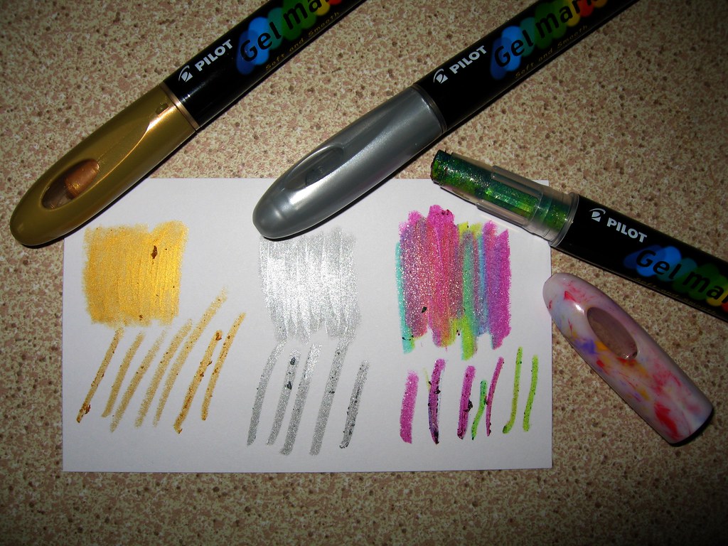 Pilot Gel Markers Gold, Silver, Glitter with Samples Flickr