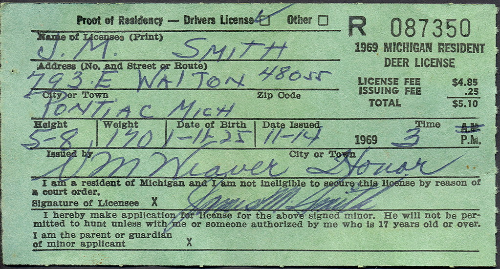 1969 Michigan Resident DEER Hunting License Don...The UpNorth