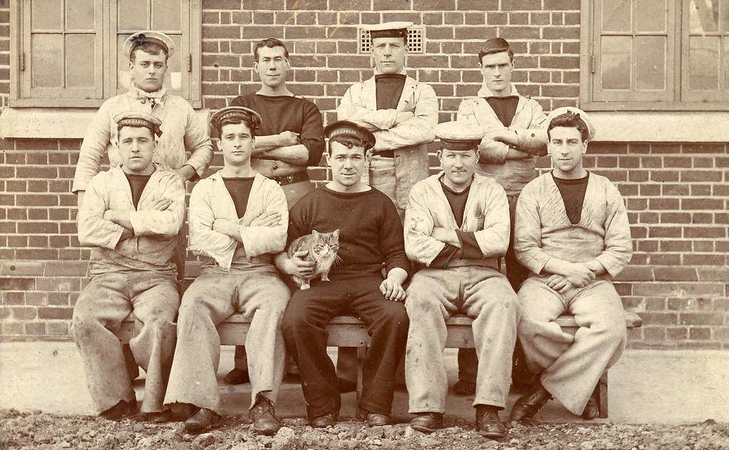 Members of the crew of HMS Ganges with the ship's cat Flickr