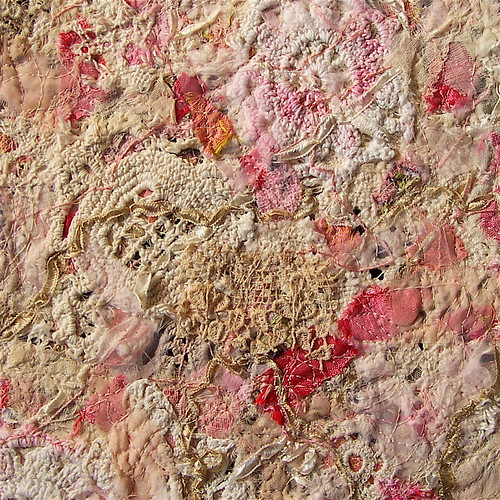 Vintage Pink Rose Fiber art Doily Close up view. Victoria