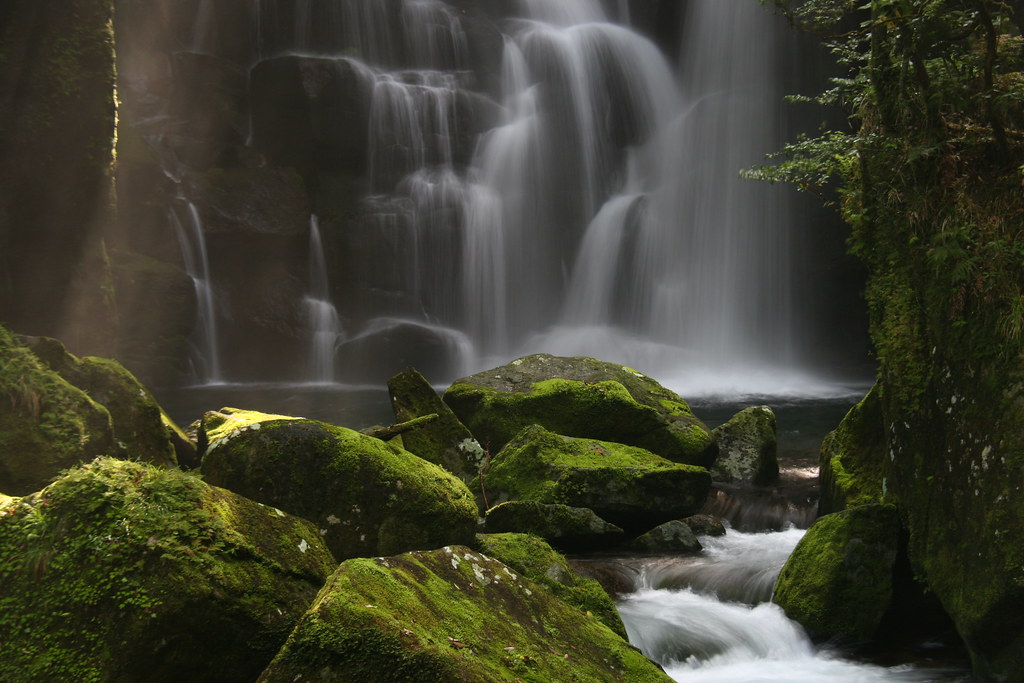 Moss covered Waterfall A beautiful waterfall, Kuwanokino, … Flickr