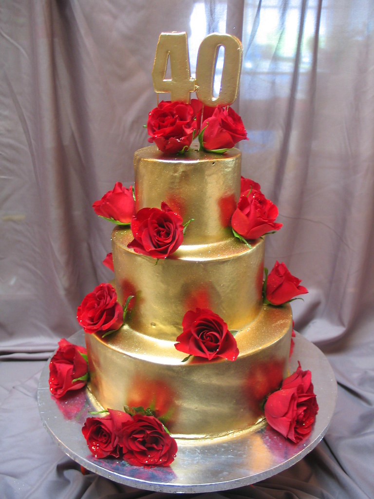 gold ganache 3 tier 40th birthday cake with red roses Flickr