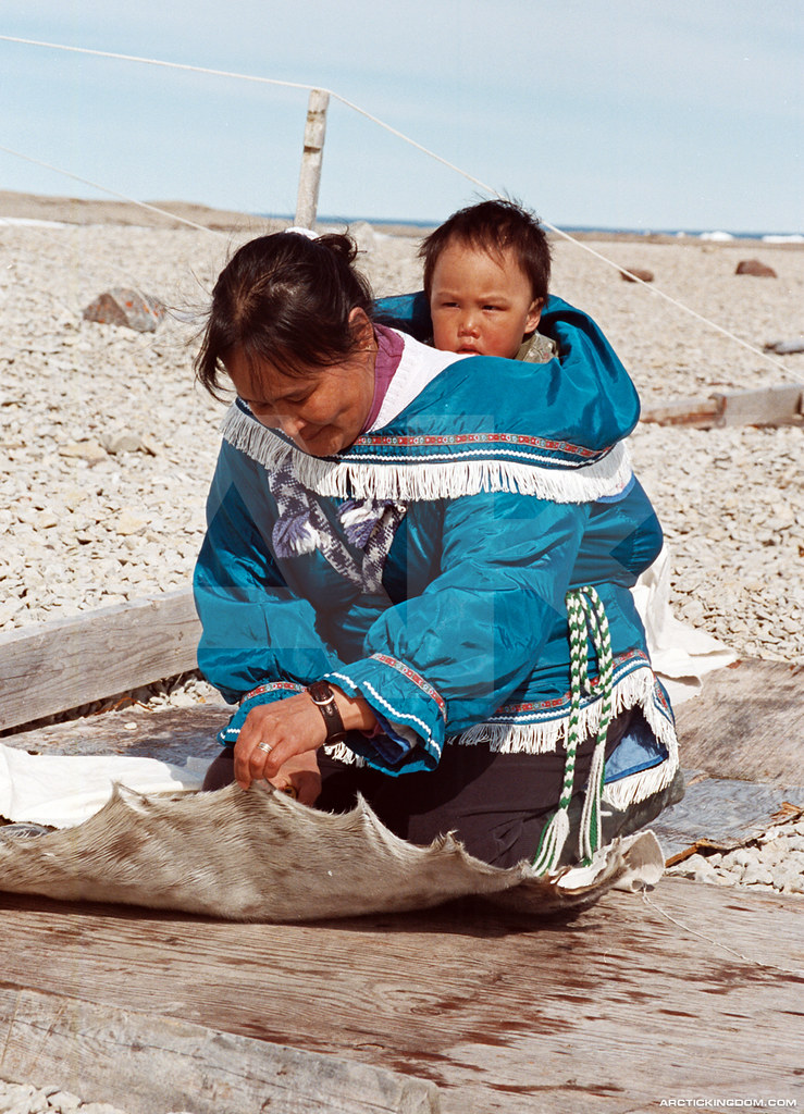 Inuit woman preparing seal skin at Igloolik point with bab… Flickr