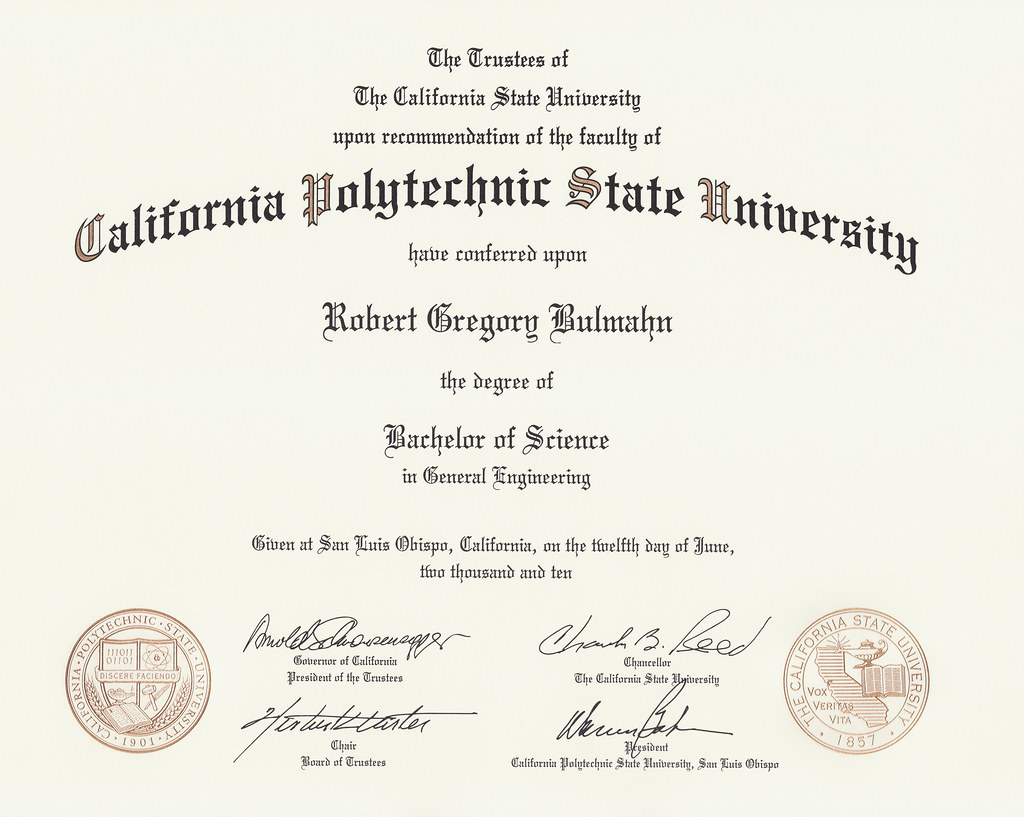 Diploma California Polytechnic State University, Bachelo