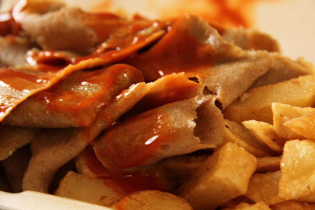 doner meat and chips with hot chilli sauce brianfagan Flickr