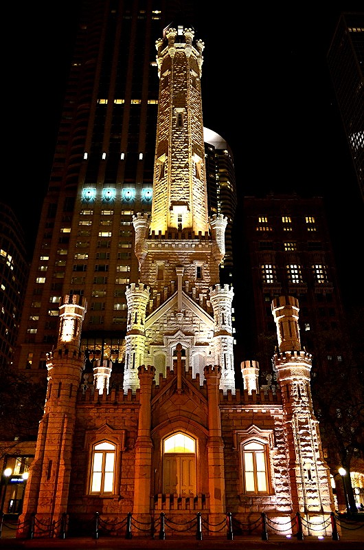 Chicago Water Tower illuminated at night, Illinois Flickr