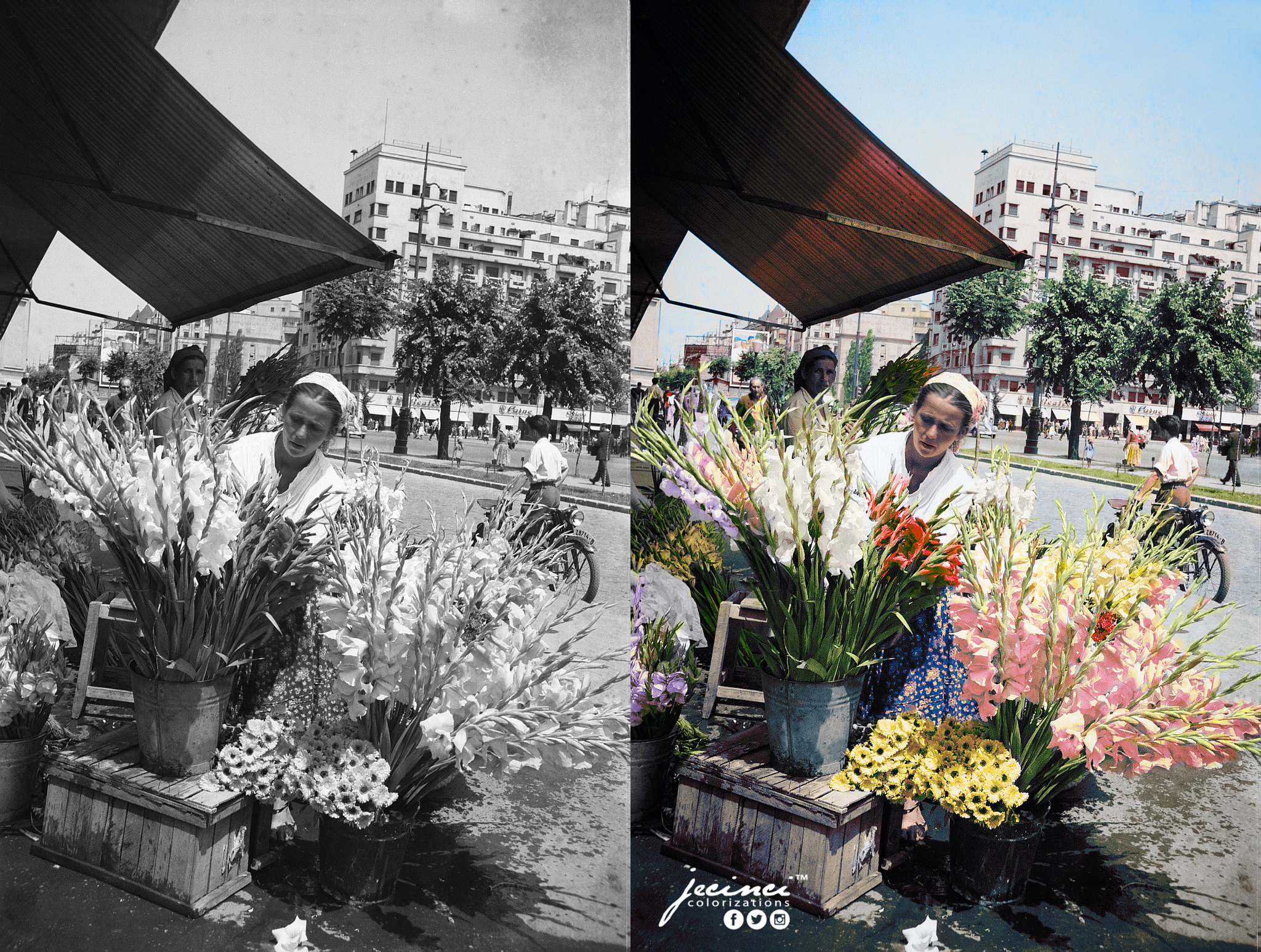 Flower vendor in Bucharest' Romania 1956 r/Colorization