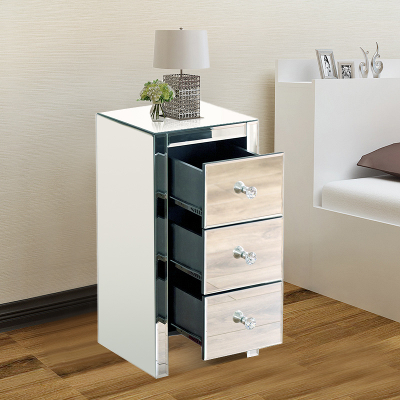 Pair Of 2 Slim Mirrored Bedroom Bedside Table Drawer Chest
