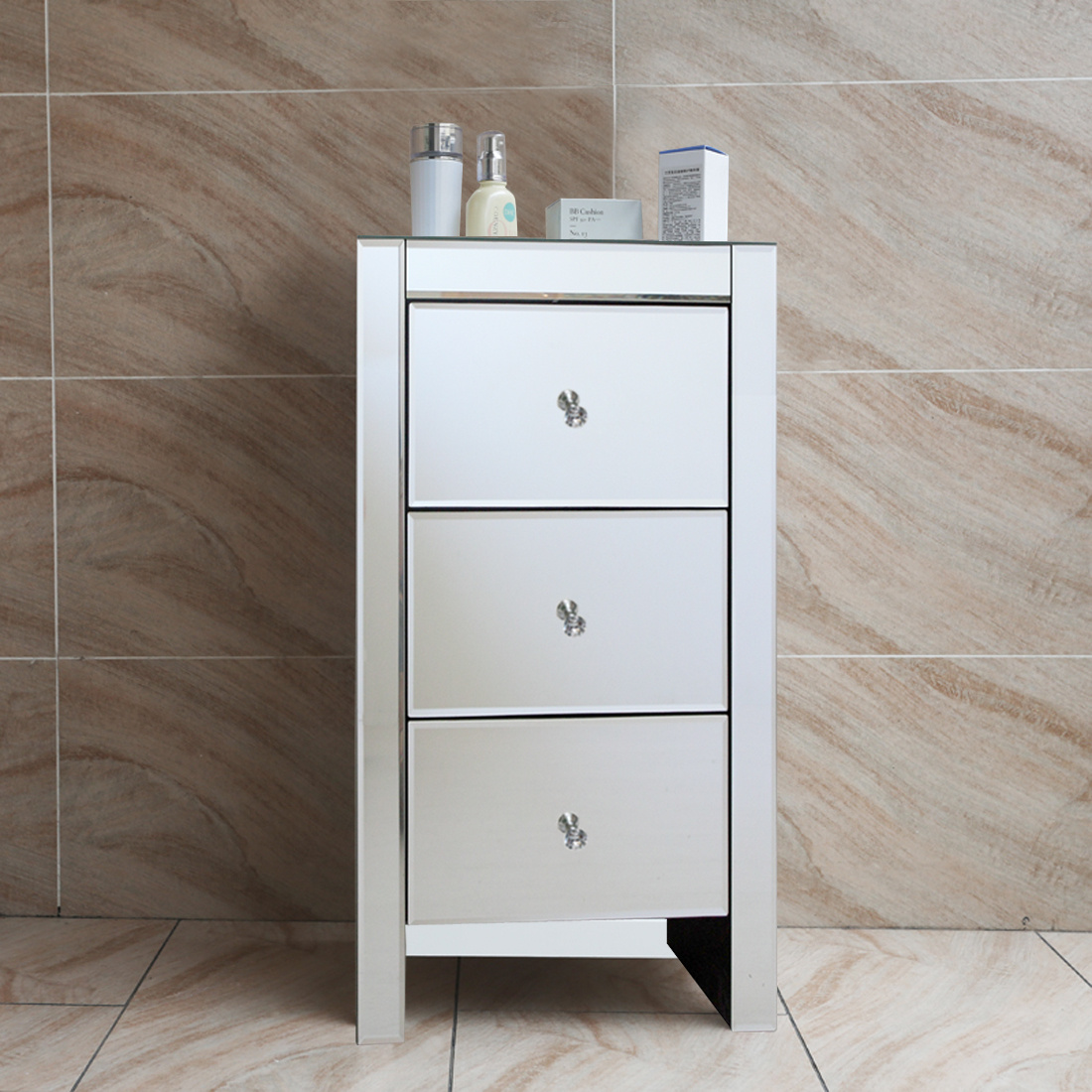 Pair Of 2 Slim Mirrored Bedroom Bedside Table Drawer Chest