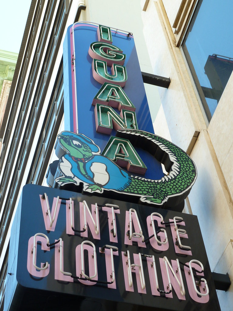 Unlit neon sign for Iguana Vintage Clothing store in Holly
