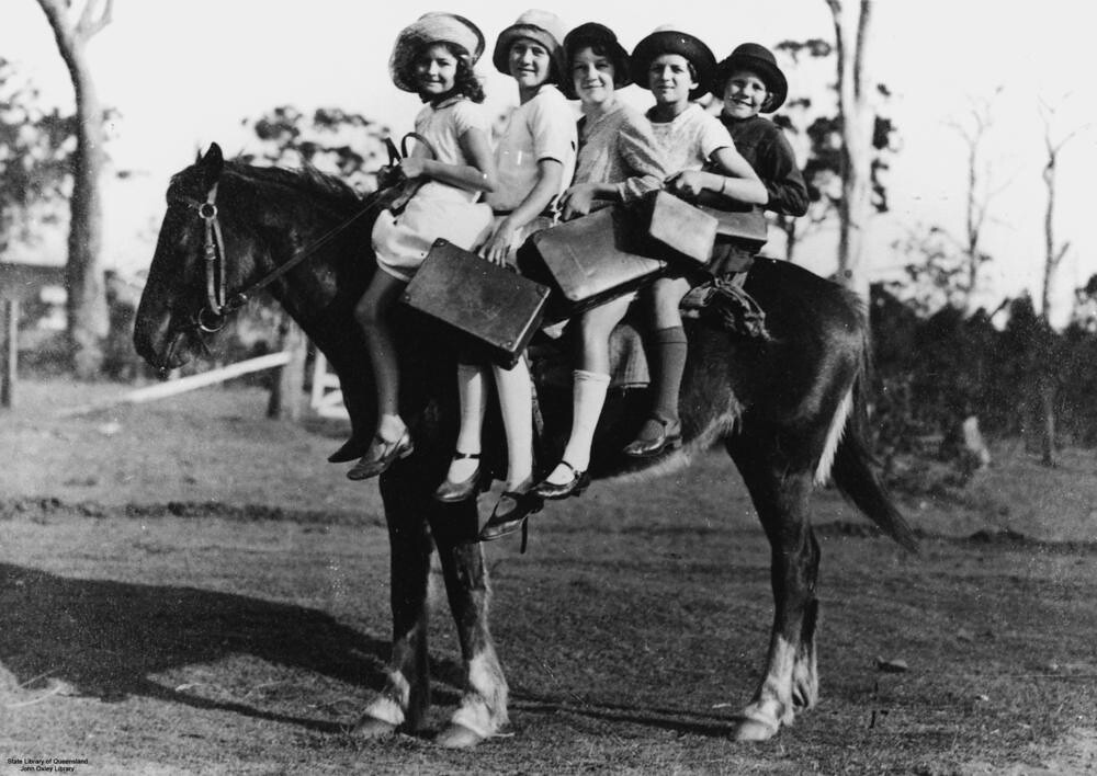 Children riding a horse to school, Glass House Mountains Flickr