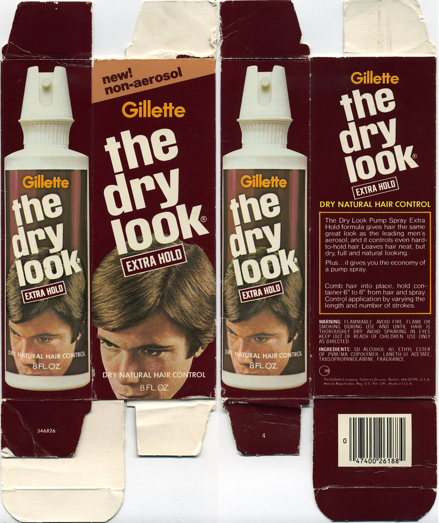 Gillette The Dry Look hairspray box extra hold 1970s… Flickr