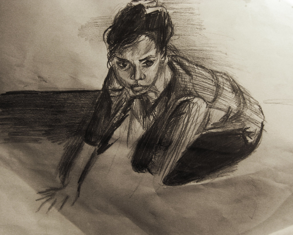 OBSERVATIONAL DRAWING Crouched girl Pencil drawing on