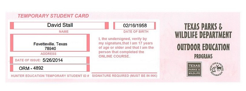 David, Hunter Education, Temporary Student Card, Texas Par… Flickr