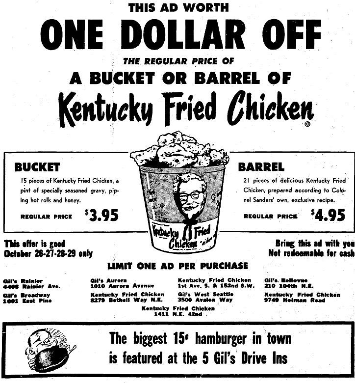 1964 KFC Newspaper Ad From The Seattle Times dated 10/23