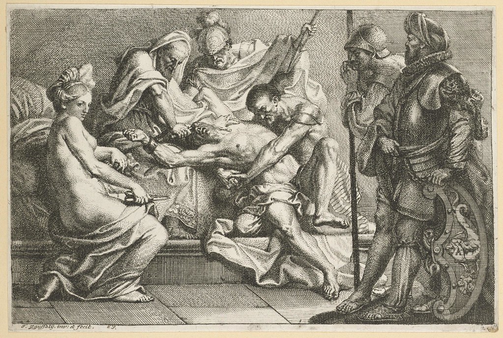 Samson Being Blinded Description Two men hold down a