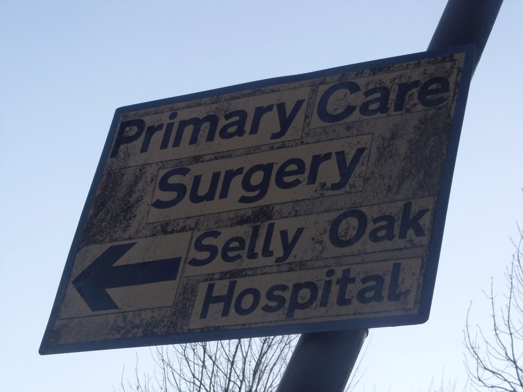 Selly Oak Hospital Raddlebarn Road sign Primary Care