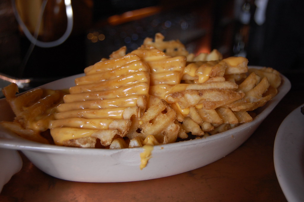 waffle fries perfectly fried delicious cheese sauce stu_spivack