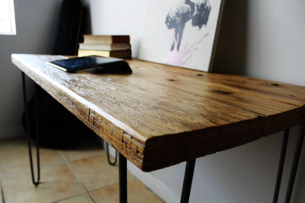 natural reclaimed wood desk on raw steel hairpin legs 3/7 Flickr