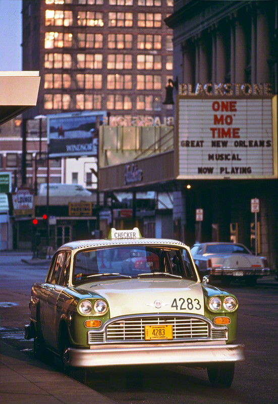 CHECKER CAB TAXI CAB at downtown Chicago, 1980. Canon A