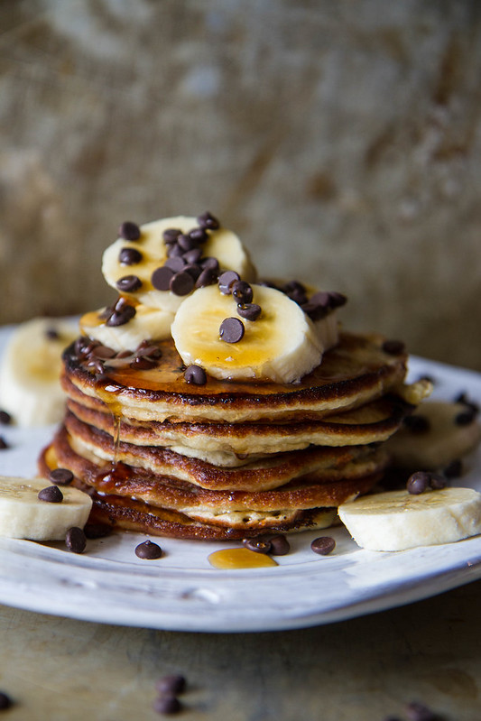 Banana Chocolate Chip Pancakes, gluten free and vegan Heather Christo