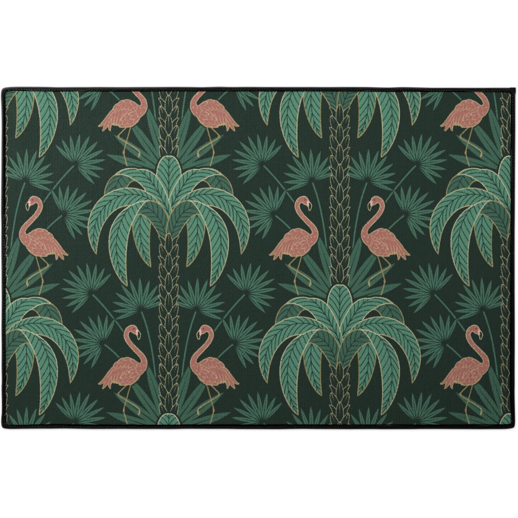 Art Deco Palm Trees and Flamingos Damask Green and Pink Door Mat