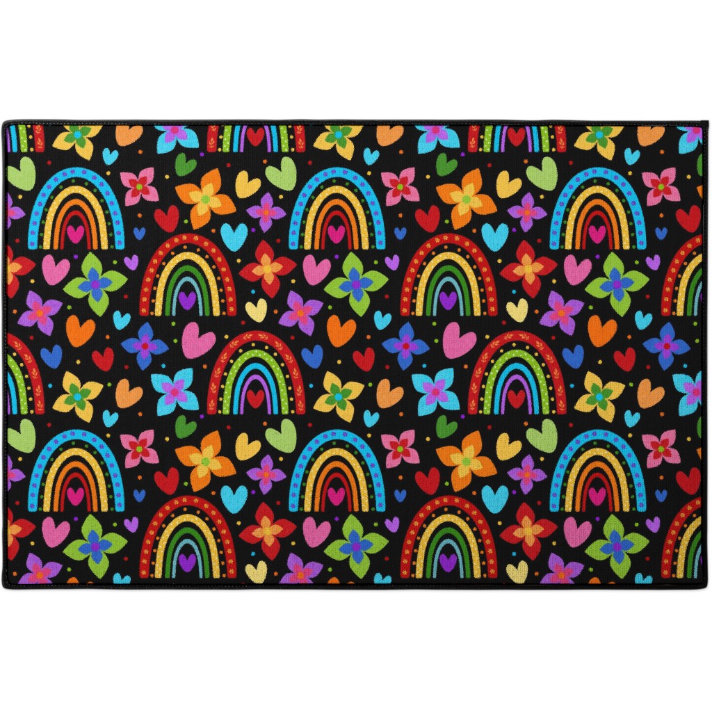Colorful Rainbows, Flowers, Hearts Black Door Mat Shutterfly
