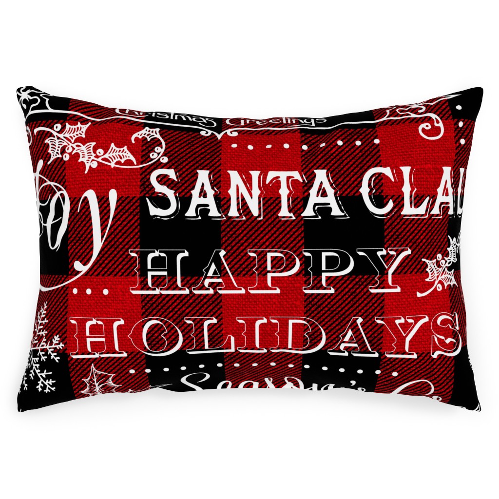 Buffalo Plaid Christmas Typography Red and Black Outdoor Pillow