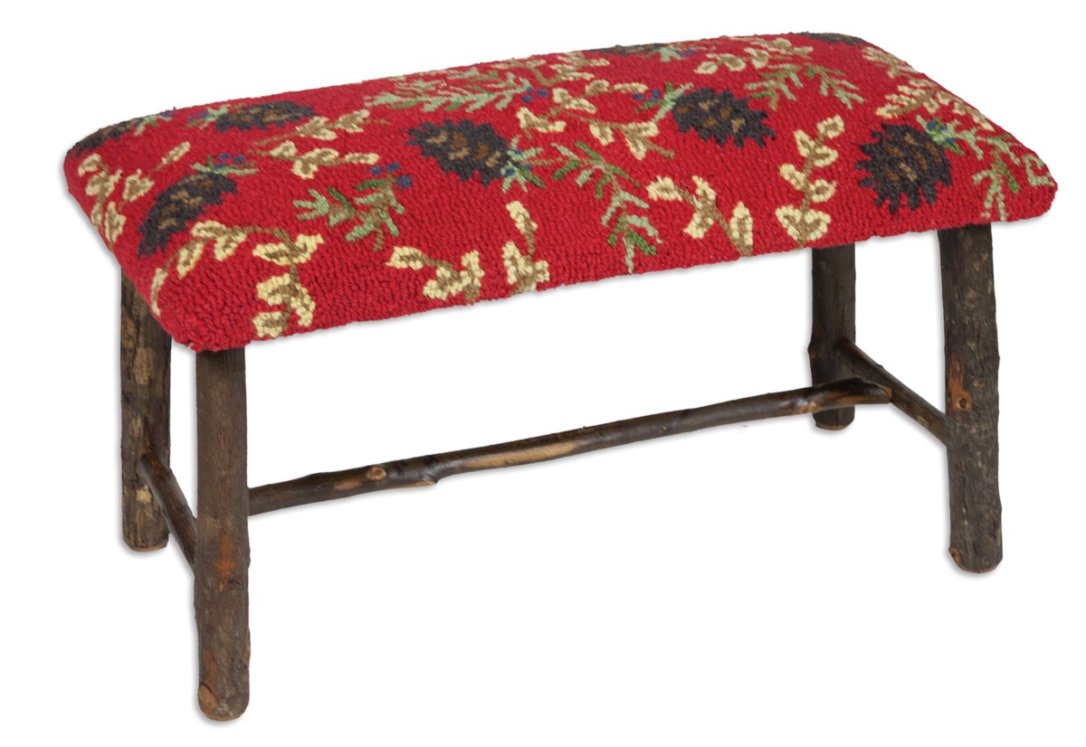 Ruby Pinecones, Hand hooked wool and Hickory bench, Chandler 4 Corners