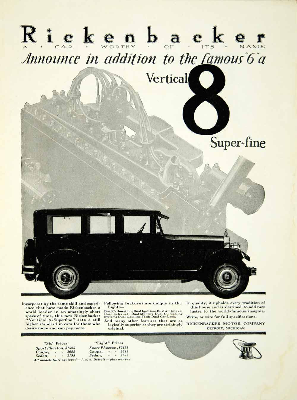 1924 Ad Rickenbacker Motor Company Detroit Michigan Car Automobile V8