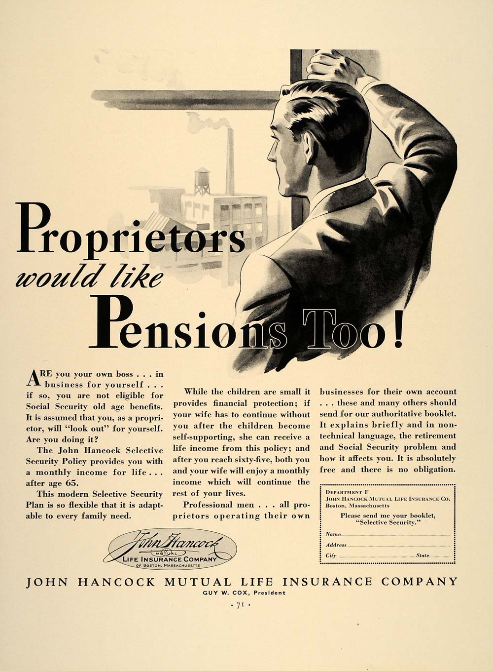 1937 Ad John Hancock Life Insurance Co. Pension Policy ORIGINAL FT8