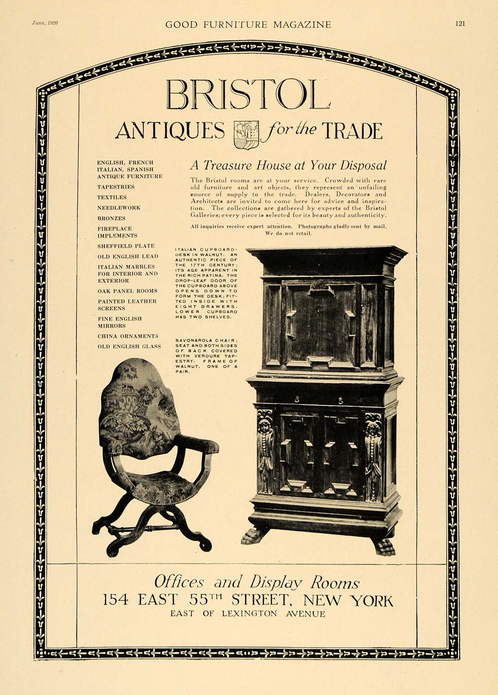 1920 Ad Bristol Galleries Antique Furniture Chair Decor ORIGINAL