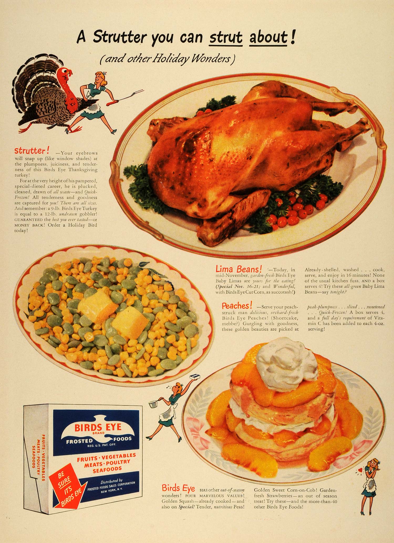 1942 Ad Frosted Foods Birds Eye Turkey Thanksgiving Vegetables Fruits