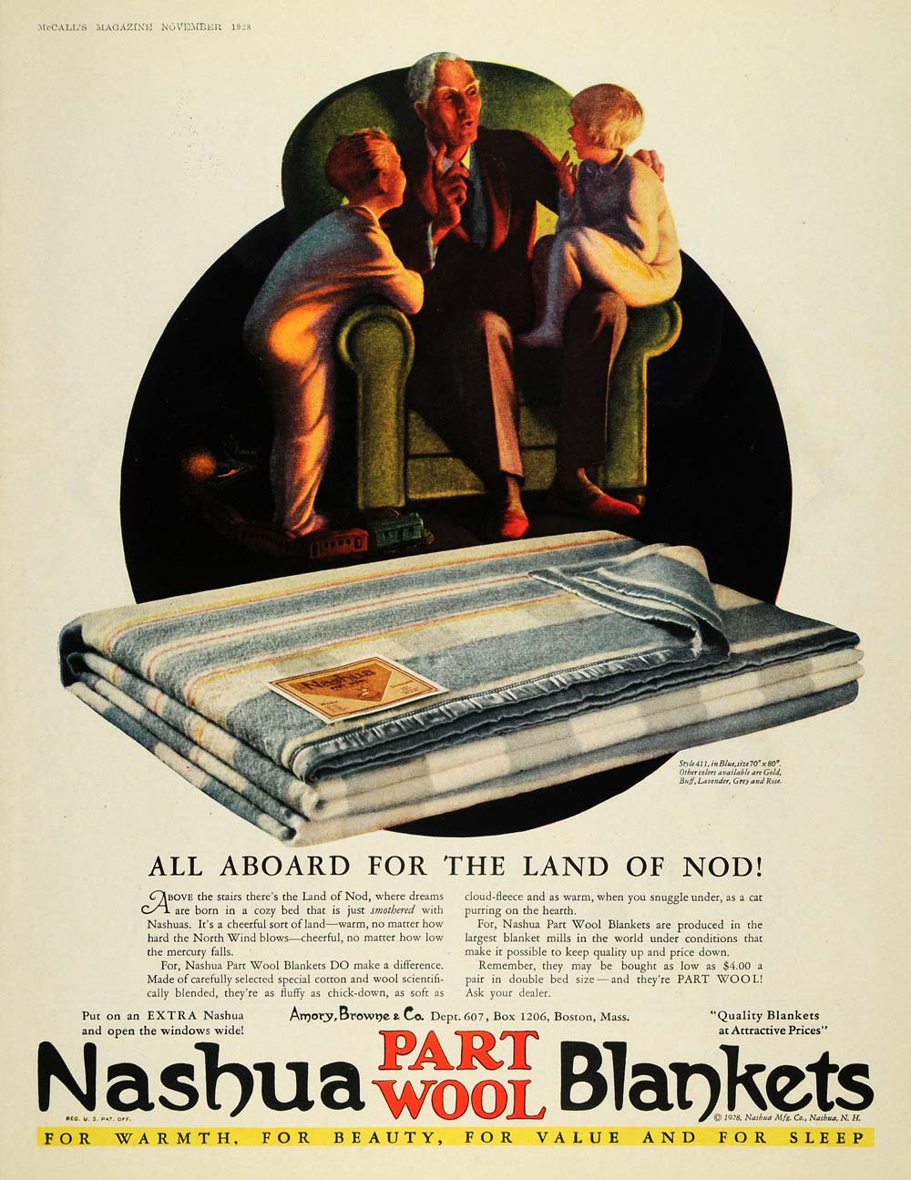 1928 Ad Nashua Part Wool Blanket Grandfather Children ORIGINAL