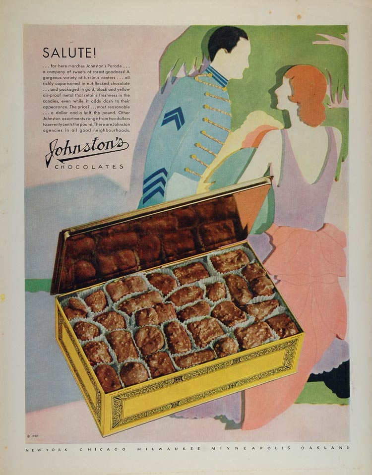 1930 Ad Johnston's Chocolates Candy Box Tin Chocoholic ORIGINAL