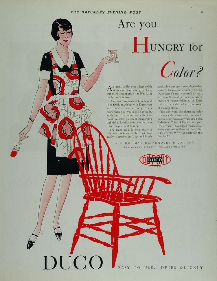 1930 Color Ad DuPont DUCO Paint Red Chair Woman Apron ORIGINAL