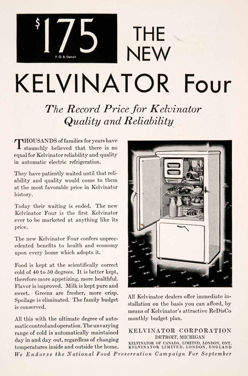 1929 Ad The New Kelvinator Four Electric Refrigerator Detroit news