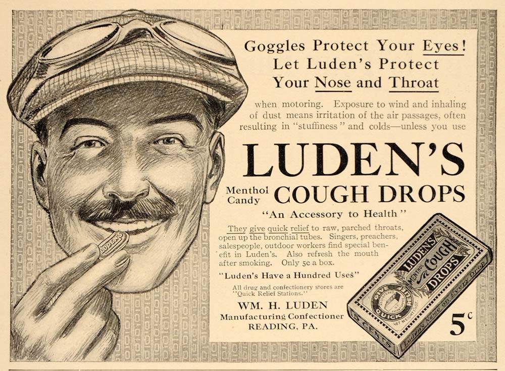 1913 Vintage Ad Wm. H. Ludens Cough Drops Menthol Candy ORIGINAL